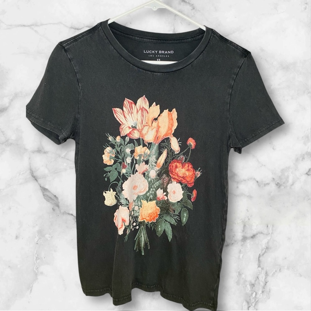 Lucky Brand Black Floral Graphic T-Shirt, XS